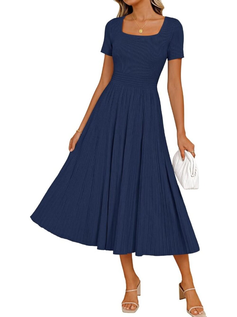 Women's Navy Short Sleeve Square Neck A LINE Imported MIDI Sweater Dress